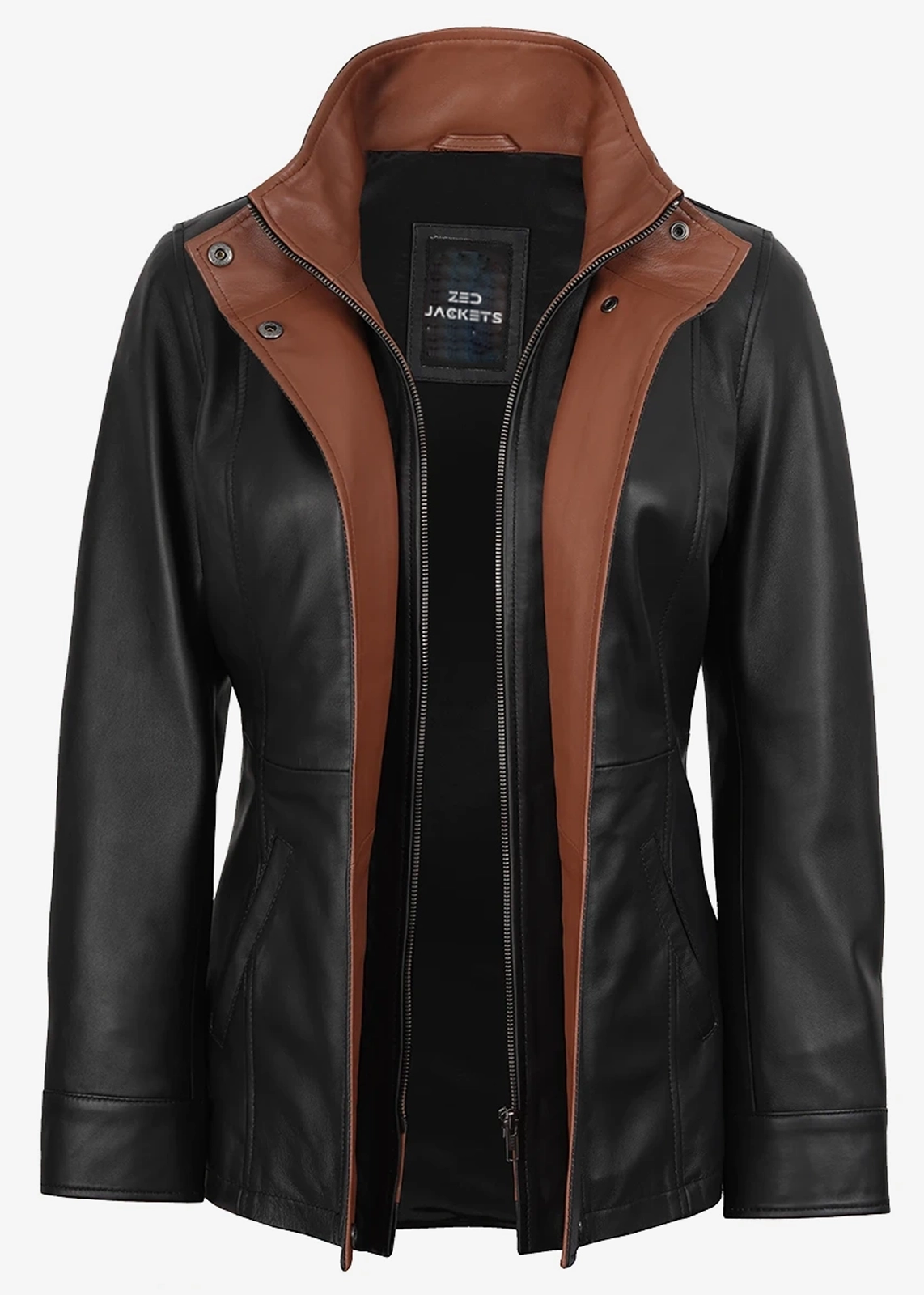 Women’s High-Collar Black Leather Jacket With Brown Details