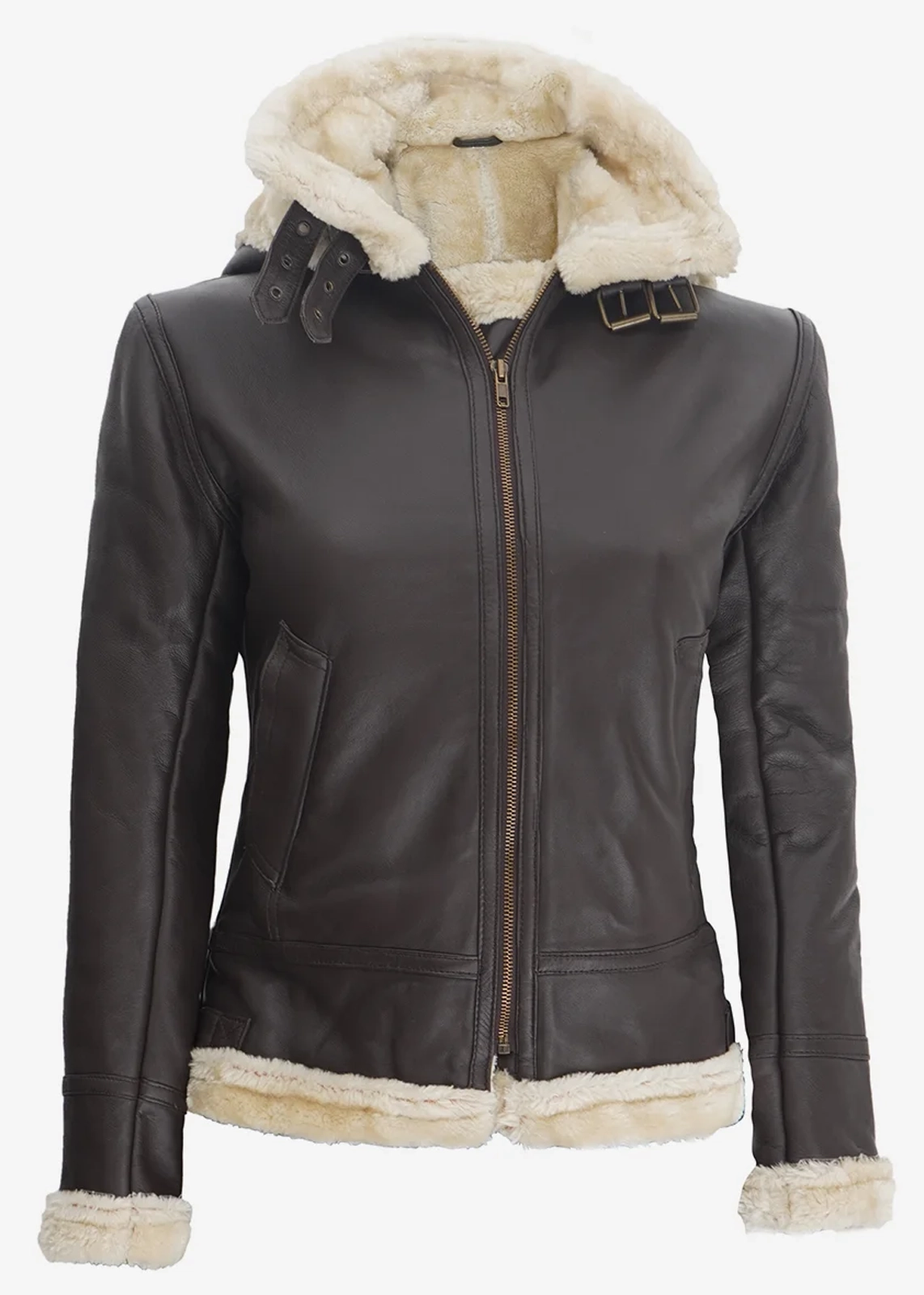 Women’s Dark Brown Hooded Shearling Leather Jacket