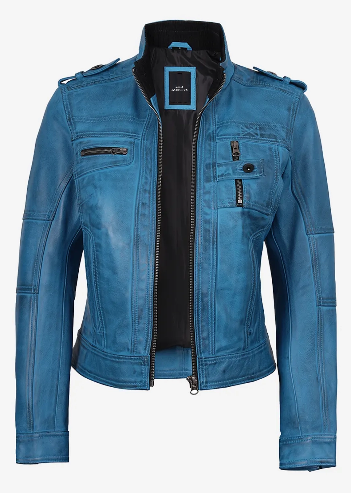Women’s Blue Biker Leather Jacket