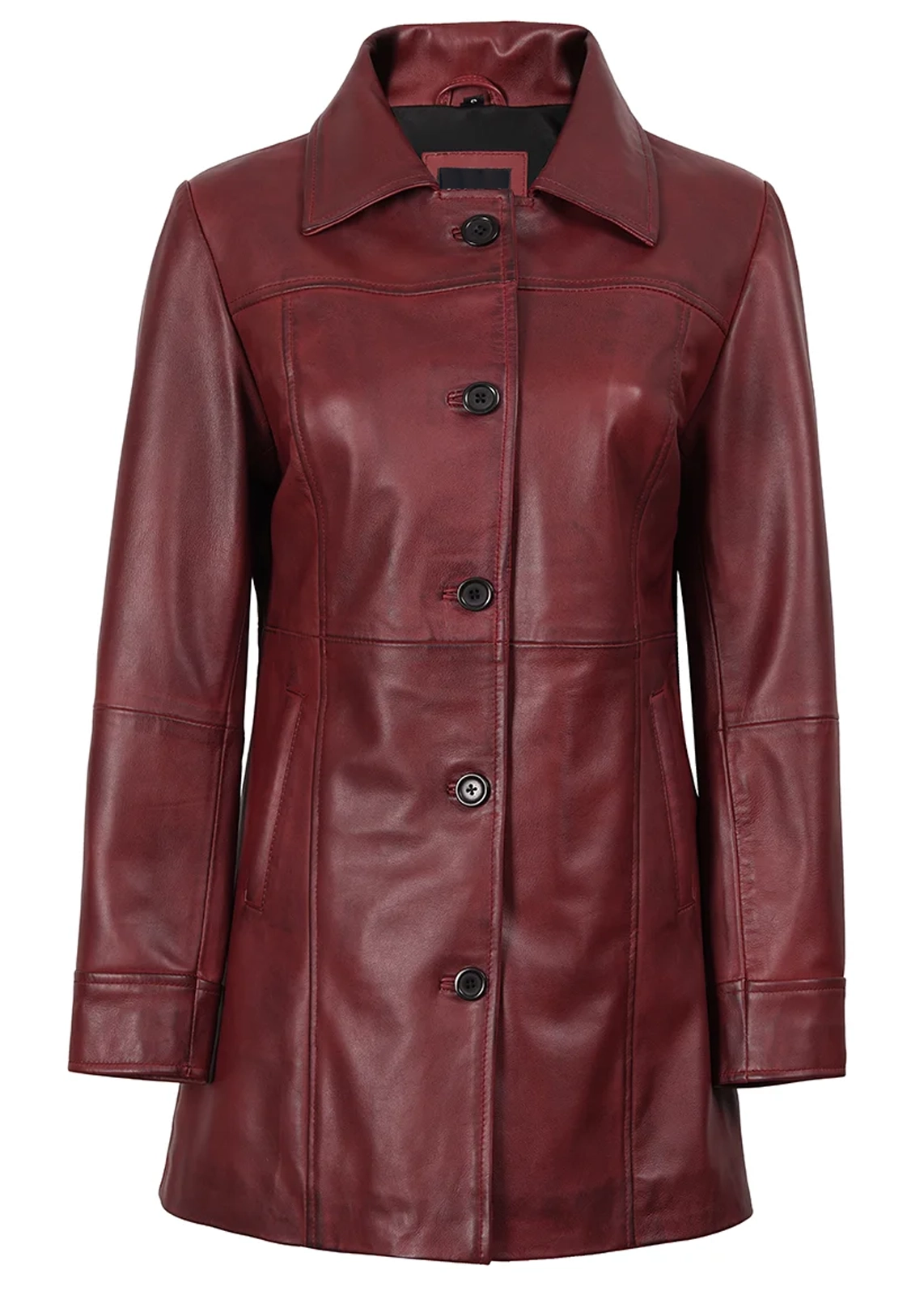 Women’s Burgundy Leather Long Coat