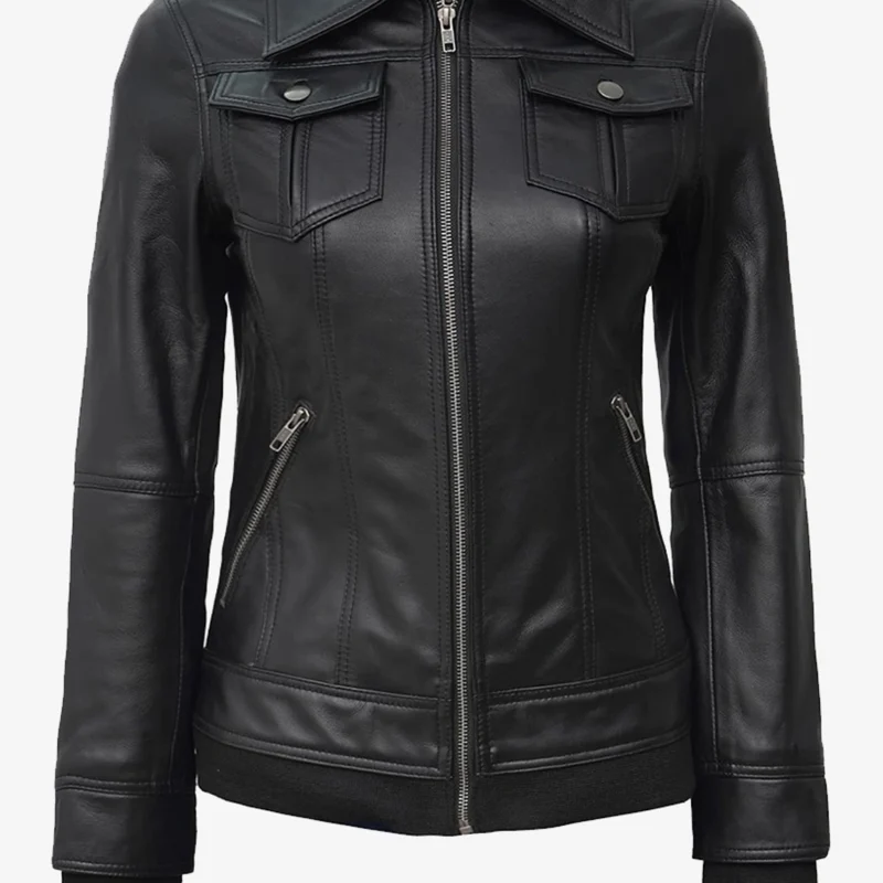 womens-black-bomber-hooded-leather-jacket