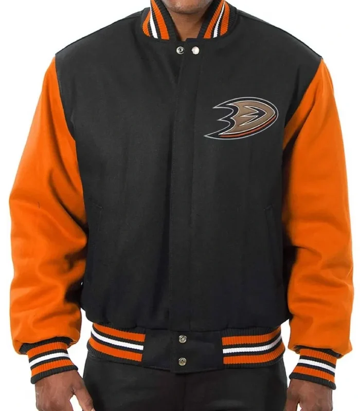 Black and Orange Leather/Wool Anaheim Ducks Varsity Jacket
