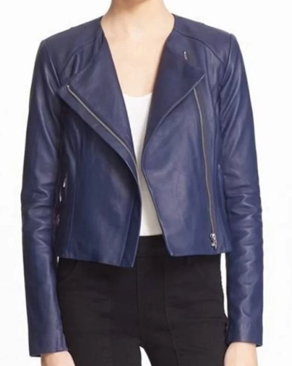 Felicity Smoak Blue Leather Zipper Jacket