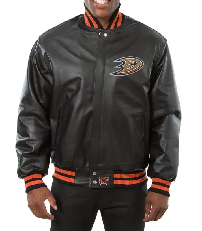 Anaheim Ducks Black Leather Varsity Jacket