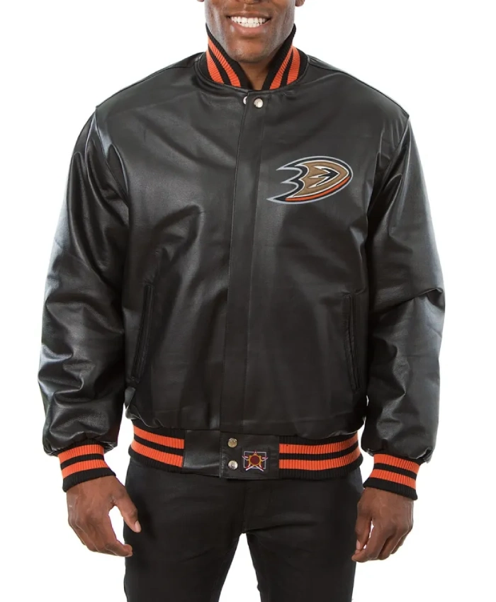 Anaheim Ducks Black Leather Varsity Jacket